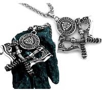 Collier avec symboles nordiques, hache amulette, couleur argent, acier chirurgical, 60 cm