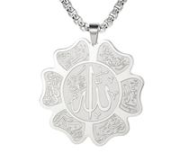 Collier Ayatul Kursi Collier Allah pour hommes et femmes Pendentif délicat en forme de fleur arabe Bijoux religieux islamiques Cadeaux pour l'Aïd et le Ramadan (Argent)
