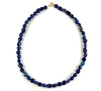 Collier bleu avec perles naturelles de lapis lazuli (non teinté) en forme de petits galets irréguliers. Fermoir anneau ressort en argent 925 ou en laiton plaqué or. (DORE, 42)