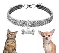 Collier bling pour chien, collier à strass en cristal pailleté pour chiot, chaîne argentée, collier en diamant blanc avec pendentif en os pour XXS XS petit animal domestique femelle, , chaton