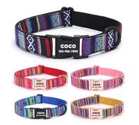 Collier bohème personnalisé avec nom, gravé au laser, élastique en polyester et nylon à rayures colorées, boucle en métal or rose pour chiens de taille moyenne et grande - Laisse assortie disponible
