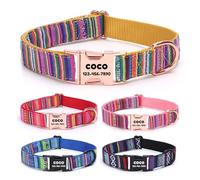 Collier bohème personnalisé avec nom, gravé au laser, élastique en polyester et nylon à rayures colorées, boucle en métal or rose pour chiens de taille moyenne et grande - Laisse assortie disponible