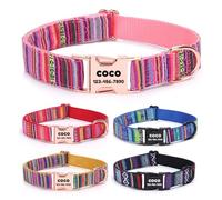 Collier bohème personnalisé avec nom, gravé au laser, élastique en polyester et nylon à rayures colorées, boucle en métal or rose pour chiens de taille moyenne et grande - Laisse assortie disponible