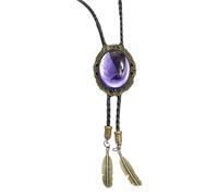 Collier bolo en cuir synthétique pour homme et femme avec pendentif en forme de plume en pierre vintage
