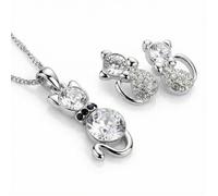Collier & Boucles Chat pour Femme/Fille. Cristaux Autrichiens Baignés dans l'OR Blanc. Coffret Cadeau Noël & Anniversaire