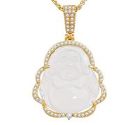 Collier Bouddha porte-bonheur en pierre de jade verte naturelle avec chaîne en or 18 carats Bouddah rieur sans cou, plaqué or, agate