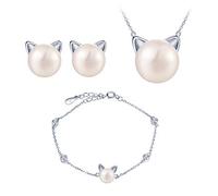 Collier bracelet et boucles d'oreilles en argent 925 pour femme fille, bijoux perle, Collier et bracelet de chat, Clou d'oreille de chat, orné des zircons, Ensembles de bijoux