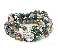 Collier Bracelet Mala 108 perles avec breloque Lotus et petites perles en pierre de 6 mm (Agate indienne (Indian Agate))