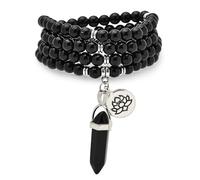 Collier Bracelet Mala 108 Perles de Prière Naturelles avec Breloque Lotus et Pendentif Prisme Hexagonal en Quartz Reiki (Agate noire (Black Agate))