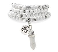 Collier Bracelet Mala 108 Perles de Prière Naturelles avec Breloque Lotus et Pendentif Prisme Hexagonal en Quartz Reiki (Howlite)