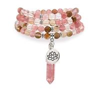 Collier Bracelet Mala 108 Perles de Prière Naturelles avec Breloque Lotus et Pendentif Prisme Hexagonal en Quartz Reiki (Tourmaline pastèque (Watermelon Tourmaline))