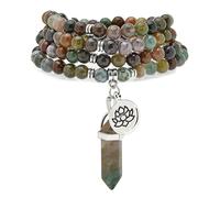 Collier Bracelet Mala 108 Perles de Prière Naturelles avec Breloque Lotus et Pendentif Prisme Hexagonal en Quartz Reiki (Agate indienne (Indian Agate))