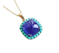 Collier carré en argent sterling 925 avec pendentif en tanzanite et turquoise naturelle 16 x 16 mm, coussin et rond à facettes bleu, avec chaîne en câble de 45 cm, bijoux spirituels et énergétiques