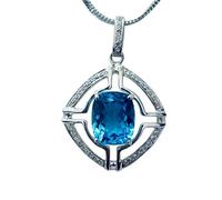 Collier carré en argent sterling 925 avec topaze naturelle et zircone 35 x 25 mm, pendentif rond à facettes bleu, chaîne de 45 cm, bijoux spirituels et énergétiques de guérison, cadeau | gmpd_0239