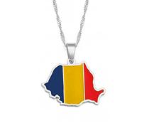 Collier Carte De Roumanie Pour Bijoux Unisexe, Pendentif Carte Roumaine Avec Drapeau Accessoires De Robe De Soirée Style Ethnique, Cadeau De Collier De Symbole Patriotique, Argent, Chaîne De 45 Cm