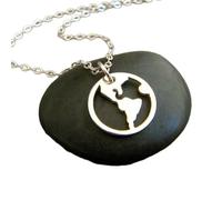 Collier carte du monde en argent sterling 925, petit atlas, globe, continent, bijoux de voyage, pendentif terre, breloque, délicat, cadeau pour voyageur, avec chaîne de 45 cm | Plaqué argent |