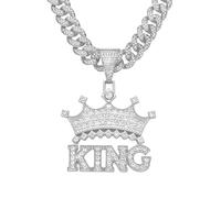 Collier Chaîne Homme Bijoux Hip Hop Femme Pendentif Sport Collier Hip Hop avec Pendentif Couronne Et Lettre du Roi pour Hommes, Pendentif De Rue, Couleur Argent, 50Cm