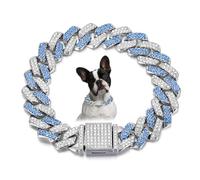 Collier chaîne pour chien en argent bleu, collier en maille cubaine en métal avec diamants, largeur 15 mm, scintillant et étincelant pour chiots de petite taille moyenne et grande (30,5 cm)