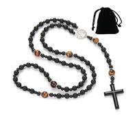 Collier chapelet catholique homme femme croix, collier chapelet en pierre naturelle, collier en roche volcanique et obsidienne, pour chrétiens catholiques Communion religieuse, baptême, messe, Bible