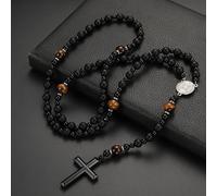 Collier chapelet catholique homme femme croix, collier chapelet en pierre naturelle, collier en roche volcanique et obsidienne, pour chrétiens catholiques Communion religieuse, baptême, messe, Bible