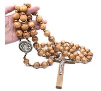Collier Chapelet Croix Catholique, Collier Chapelet en Perles de Bois Médaille de Saint Benoît et Croix Catholique Bijoux Religieux pour les Chrétiens Catholiques Communion Religieuse, Baptême, Messe