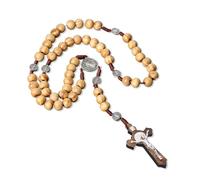 Collier Chapelet en Bois, Collier Chapelet Croix Catholique, Collier de Perles de Prière en Bois Naturel, pour Communion Religieuse des Chrétiens Catholiques, Baptême, Messe, Bible