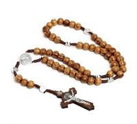 Collier Chapelet en Bois, Collier Chapelet Croix Catholique, Collier de Perles de Prière en Bois Naturel, avec Croix Médaille Jésus Christ Saint Benoît, pour Dames Communion Baptême Baptême, Messe