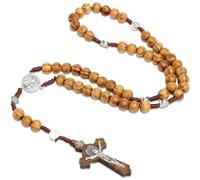 Collier Chapelet en Bois, Collier Chapelet Croix Catholique, Collier de Perles de Prière en Bois Naturel, pour Communion Religieuse des Chrétiens Catholiques, Baptême, Messe, Bible