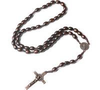 Collier Chapelet en Bois, Collier Chapelet Croix Catholique, Perles de Prière en Bois Naturel avec Croix Médaille Jésus Christ Saint Benoît, pour baptême, Communion, Mariage, fête de Communion