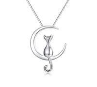 Collier Chat Argent 925, Pendentif en forme de croissant de lune et chat, Bijoux pour Femmes avec Collier en argent sterling