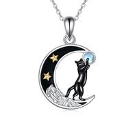 Collier Chat en Argent Sterling avec Pendentif Chat lune et Montagne Bijoux Cadeaux pour Femmes (Collier chat noir)