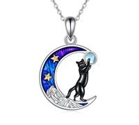 Collier Chat en Argent Sterling avec Pendentif Chat lune et Montagne Bijoux Cadeaux pour Femmes (Collier chat bleu)
