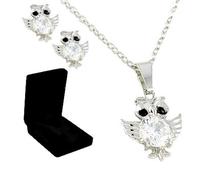 collier chouette et boucle d'oreilles, figurine chouette, statuette chouette (Ensemble rhodié - Argent Rhodium)