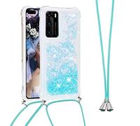 Collier Coque pour Samsung Galaxy A71,Glitter Paillette Brillante Quicksands Liquide Transparente Silicone TPU Case Housse avec Cordon Collier Tour de Cou pour Samsung Galaxy A71,GS Blue Star