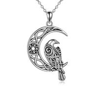 Collier corbeau celtique en argent sterling avec pendentif en forme de corbeau croissant de lune et amulette viking nordique Wiccan - Cadeau d'anniversaire pour homme et femme, Argent sterling