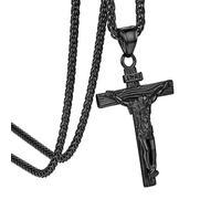 Collier Croix Chretienne Inri Noir Chaine Spiga Pendentif Croix Homme Chaine avec Pendentif Religieux Acier Amulette de Protection