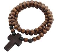 Collier croix en bois marron naturel, pendentif de prière, perles rondes, 65 cm de circonférence, chapelet léger, collier/bracelet pour adultes chrétiens et catholiques, style sobre, polyvalent