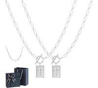 Collier Croix Huenaut, Collier Croix Délicate, Colliers Pendentif Croixs avec Chaîne Trombone, Breloque Rectangle en Or 14 carats avec Fermoir Toggle, Colliers Croixs Trombone Unisexe (Silver*2)