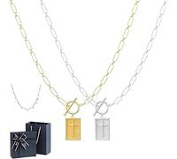 Collier Croix Huenaut, Collier Croix Délicate, Colliers Pendentif Croixs avec Chaîne Trombone, Breloque Rectangle en Or 14 carats avec Fermoir Toggle, Colliers Croixs Trombone Unisexe (Gold + Silver)