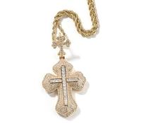 Collier Croix Iced Out Femme Homme, Pendentif Croix CZ 3 Plaqué Or 14K | Collier Croix Iced Out Hip Hop Femme Homme, pendentif croix religieux avec chaîne corde, diamant Iced-Out ou Cuban Link