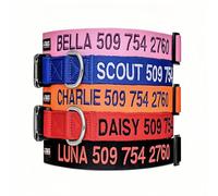 Collier de Chien Personnalisé - Brodé avec Le Nom Et Le Numéro de Téléphone | Collier Nylon Réfléchissant Personnalisé | 4 Tailles Réglables pour Chiens de Petite À Grande Taille
