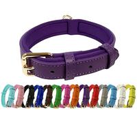 Collier de chien réglable en cuir véritable vibrant avec rembourrage doux en néoprène, boucle en métal et anneau en D, pour chiens de petite, moyenne et grande taille (Violet, Moyen (28-36 cm de cou))