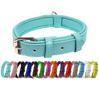 Collier de chien réglable en cuir véritable vibrant avec rembourrage doux en néoprène, boucle en métal et anneau en D, pour chiens de petite, moyenne et grande taille (Bleu bébé, Grand (35-45 cm de