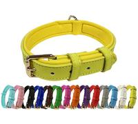 Collier de chien réglable en cuir véritable vibrant avec rembourrage doux en néoprène, boucle en métal et anneau en D, pour chiens de petite, moyenne et grande taille (Jaune, XL (45-55 cm de cou))