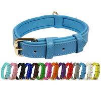 Collier de chien réglable en cuir véritable vibrant avec rembourrage doux en néoprène, boucle en métal et anneau en D, pour chiens de petite, moyenne et grande taille (Bleu ciel, Moyen (28-36 cm de