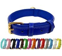 Collier de chien réglable en cuir véritable vibrant avec rembourrage doux en néoprène, boucle en métal et anneau en D, pour chiens de petite, moyenne et grande taille (Bleu, Petit (25-33 cm de cou))