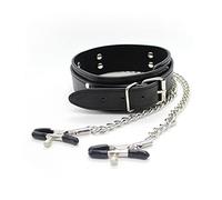 Collier de harnais SM Bondage - Collier érotique - En cuir synthétique avec chaînes - Pinces à tétons - Rivet Bondage - Collier - Chaînes - Fétiche - Esclave - Jouet sexuel - Pour débutant - En