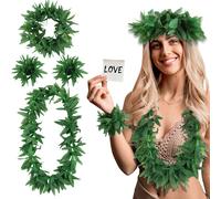 Collier de Leis vert hawaïen, 1/4 pièces, feuilles artificielles, guirlande, bandeau, Bracelet Luau, décoration de fête d'anniversaire tropicale 4Pcs Set