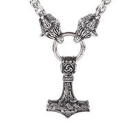 Collier de Marteau Nordique D'Odin Thor's for Hommes, Pendentif Viking Mjolnir Chaîne en Acier Inoxydable À Double Tête Loup, Bijoux de Style Viking Amulette Païenne de Style Gothique