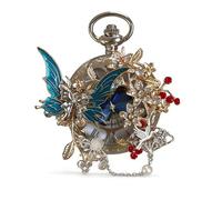 Collier de montre de poche papillon vintage - Design floral et grue en émail avec pendentif en perles, montre de poche squelette mécanique for femme, bijoux de fête et cadeaux élégants(Blue butterfly)